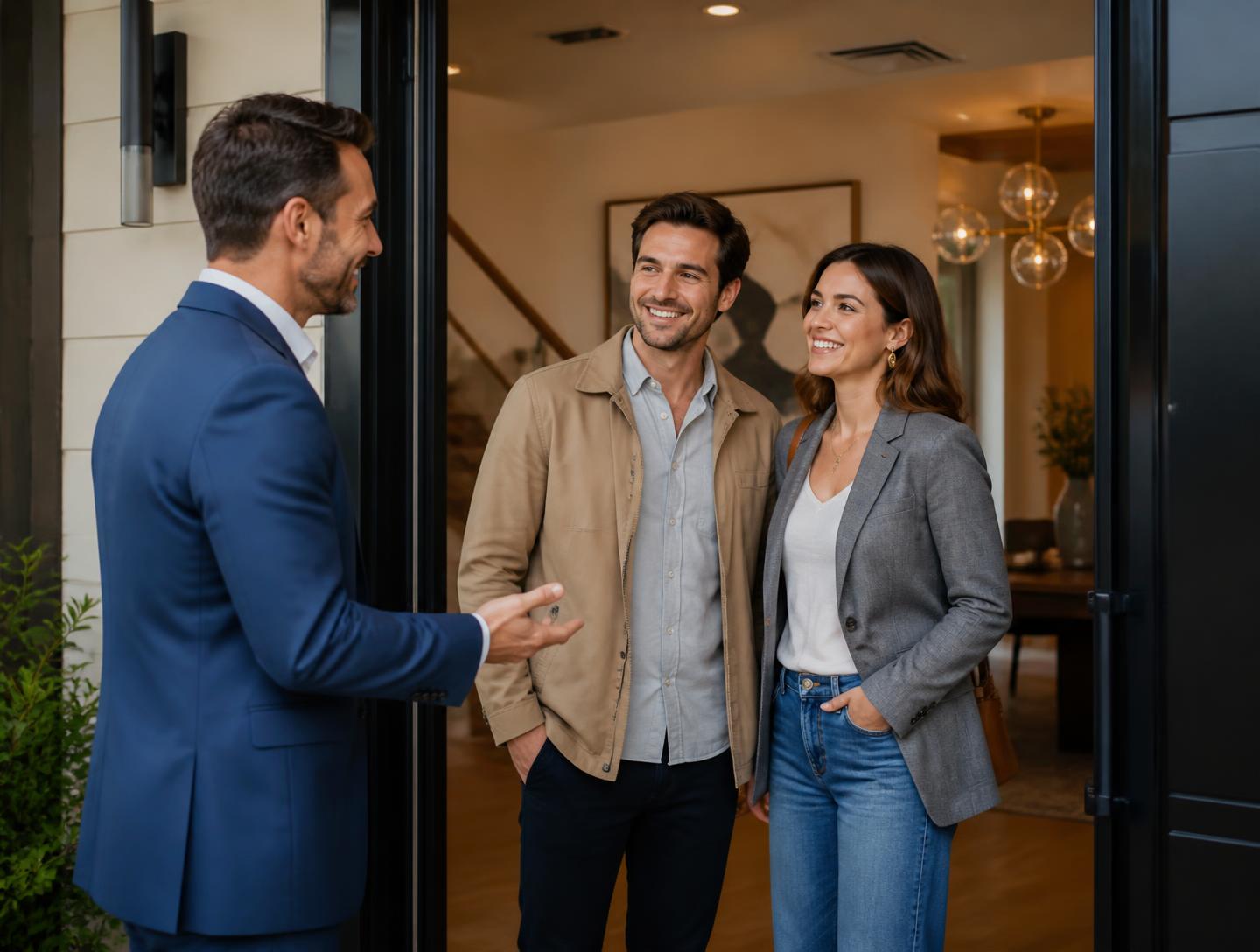 Agente inmobiliario recibiendo a una pareja en la puerta de una vivienda moderna